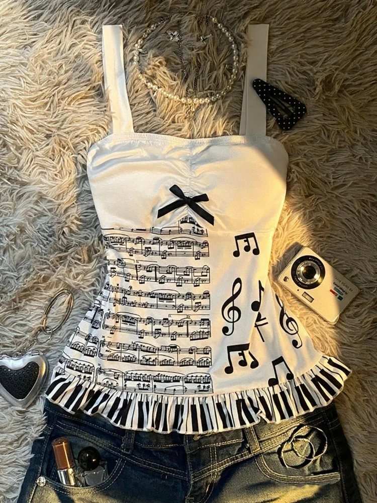 Harajuku Y2K Vintage Music Sheet Print Lace Trim Cami Tops Women Slim  Ruched Bow Ruffle Casual Streetwear Female Korean Fashion