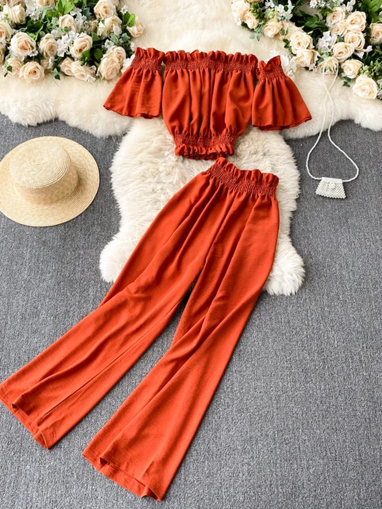 Summer Popular Women's Two-piece Set Fashion New Ear Edge Shoulder Short Shirt + High Waist Wide Leg Pants Sets D0143