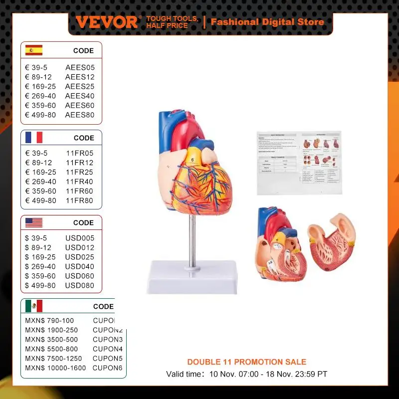 

VEVOR Human Heart Model 2-Part 1:1 Life Size Numbered Model with Correct Structures Magnetic Design on Display Base for Learning