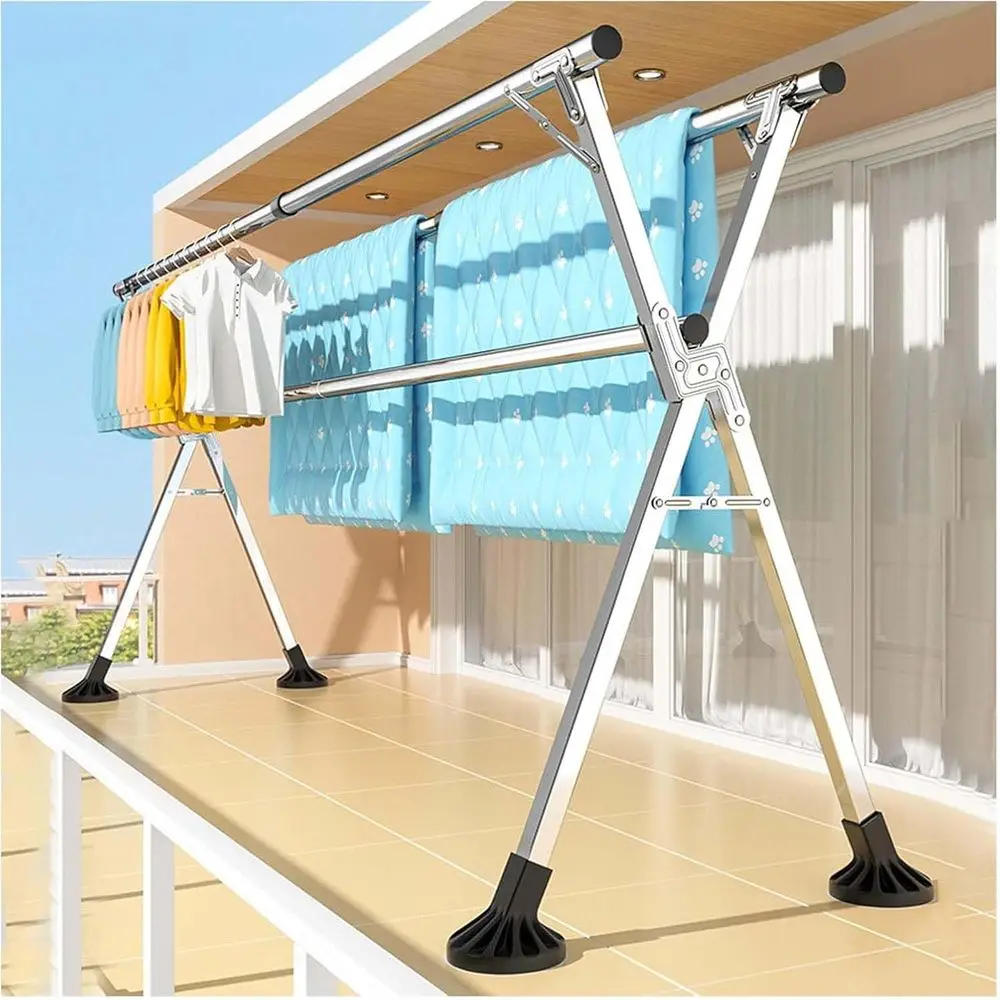 

Портативная сверхпрочная сушилка для одежды из нержавеющей стали, 240 см/94 дюйма, 20 крючков и 12 зажимами для использования в помещении и на открытом воздухе