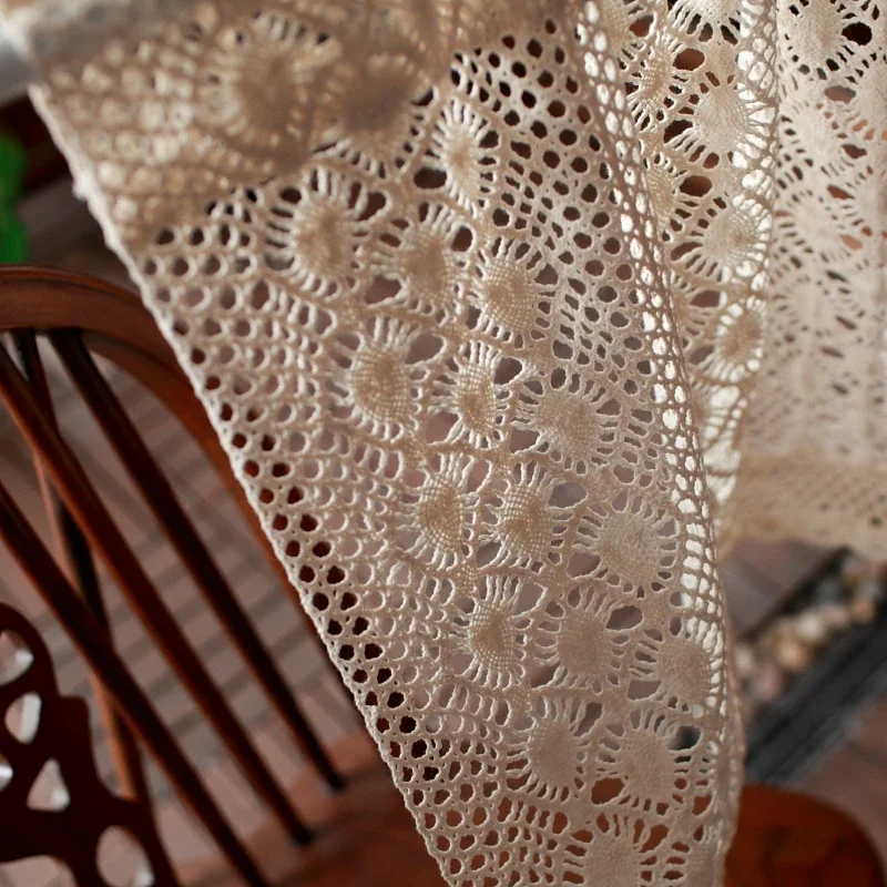 1PCS Knitted Lace Tiers Short Curtains for Kitchen Cabinet Toilet Crocheted Beige Hollow Hole Lace Floral Door Cafe Decroation