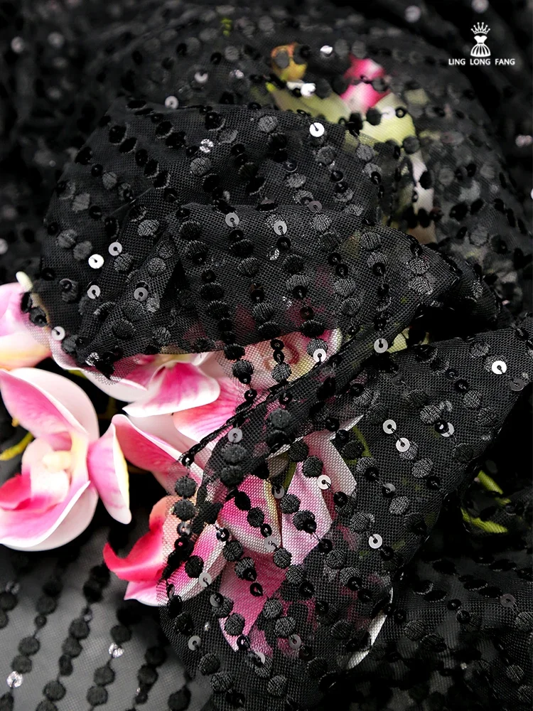 Mesh Fabric Heavy Work Black Embroidered Lace Embroidered Clothing Dress Cloth by the Meters Apaprel Sewing Fabric Material