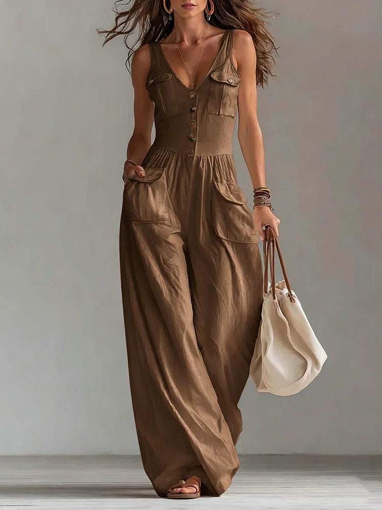 

Women's Summer Solid Color Camisole Jumpsuit V Neck Button Sleeveless Multi Pocket Wide Leg Casual Everyday Street Women Romper