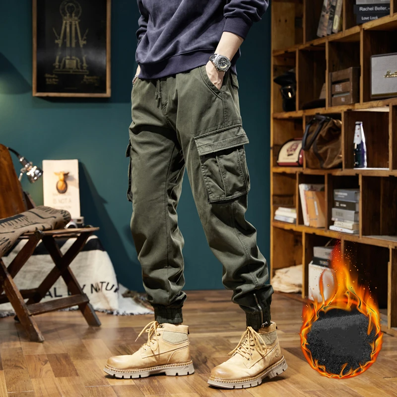 Winter Men's Cargo Pants 2023 New Multi-Pockets Thick Warm Fleece Trousers Male Streetwear Slim Casual Cotton Thermal Joggers