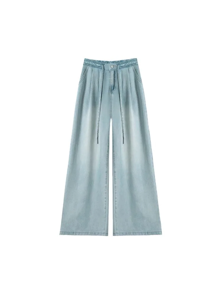 High Waist Wide Leg  Denim Pants Women Summer Thin Loose Slimming Ice Silk Long Pants Casual Sle Iron Free Procing