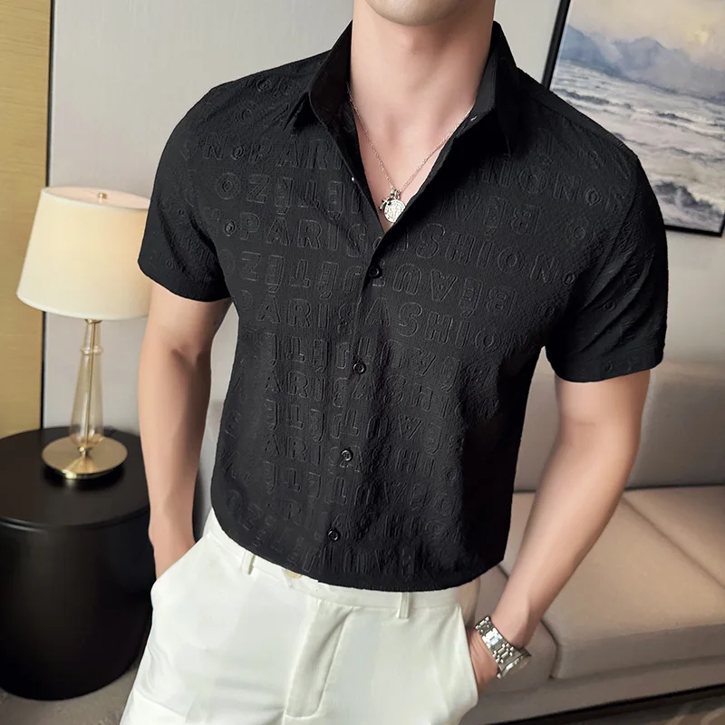 Summer Short Sleeve Letter Printed Shirts For Men British Style Men's Summer Clothing Slim Fit Casual Plain Shirt Plus Size 4XL