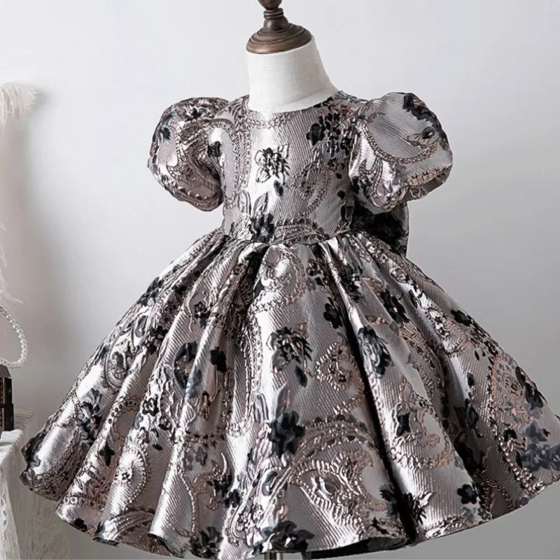 Baby Girl Princess Silk Dress Short Puff Sleeve Infant Toddler Vintage Big Bow Vestido Party Pageant Birthday Ball Gown 1-12Y