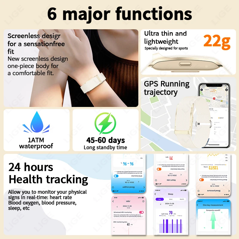 ساعة LIGE الذكية للرجال وسائط رياضية متعددة ومتتبع اللياقة البدنية الصحي بدون شاشة سوار معصم ذكي يمكن ارتداؤه 1ATM مقاوم للماء #6