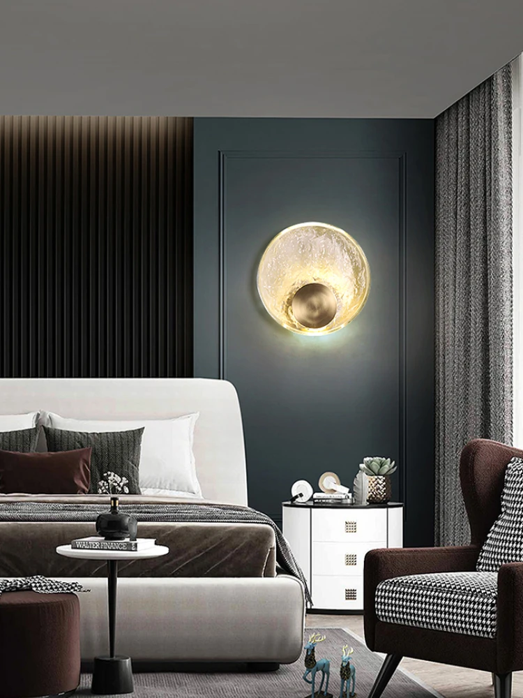 Light Luxury All Copper Crystal Bedside Wall Lamp Creative Art Bedroom Living Room Sofa Background Personalized Circular Lamp