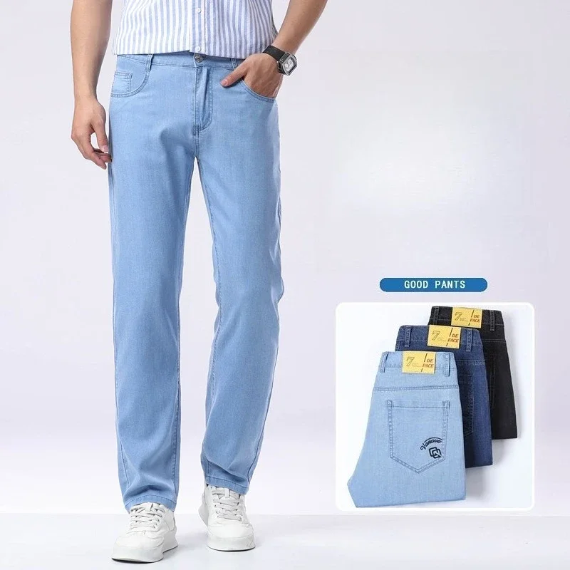 Summer New Business Casual Ice Silk Jeans Fashion Men's Slim Straight Versatile Denim Pants Lyocell Fabric Ice Y2K Thin Jean