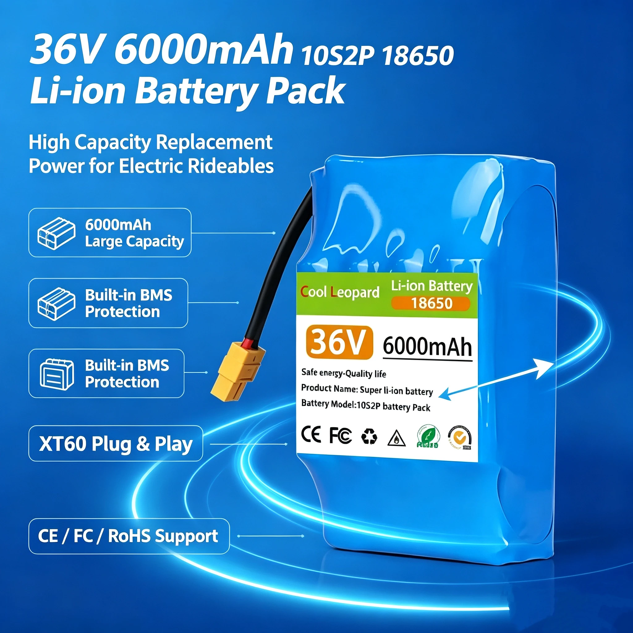 36V 6000mAh 10S2P 18650 Lithium Battery Pack XT60 Connector Built-in BMS Protection Li-ion Battery for Hoverboard Electric Scoot