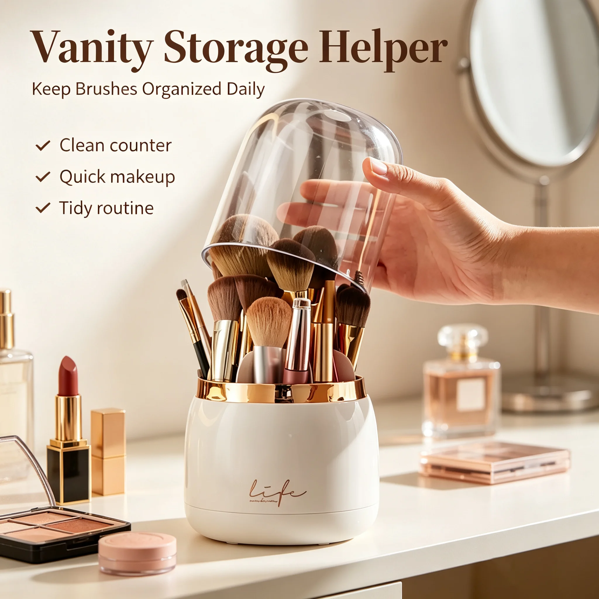 Rotatable Makeup Brush Organizer Luxury Gold Trim for Girls Desktop Dust‑proof Easy Access