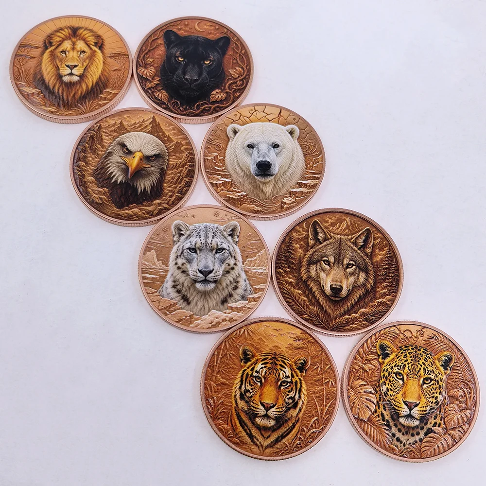 8 Arten Wildtier 1 OZ .999 Feinkupfer Gedenkmünze Farbdruck Löwe Tiger Wolf Designs Wildlife Sammlerstück Deko Geschenk