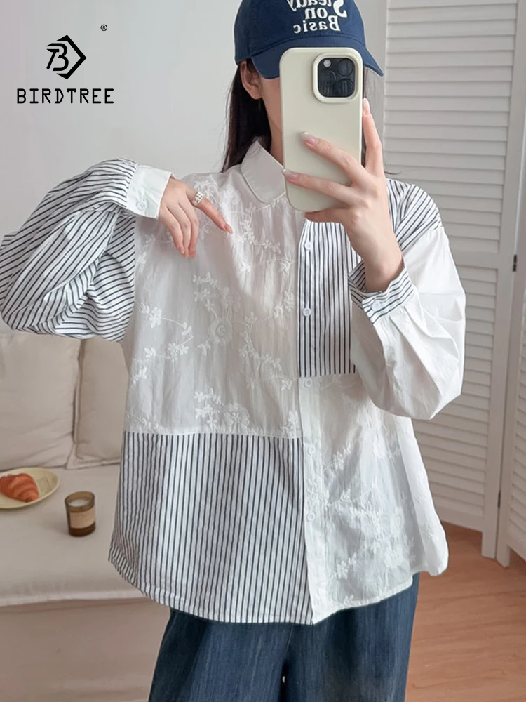 

Новинка 2025, осенняя хлопковая рубашка с длинными рукавами, женская рубашка с отложным воротником и вышивкой в полоску, свободная блузка Mori Girl T59748CC