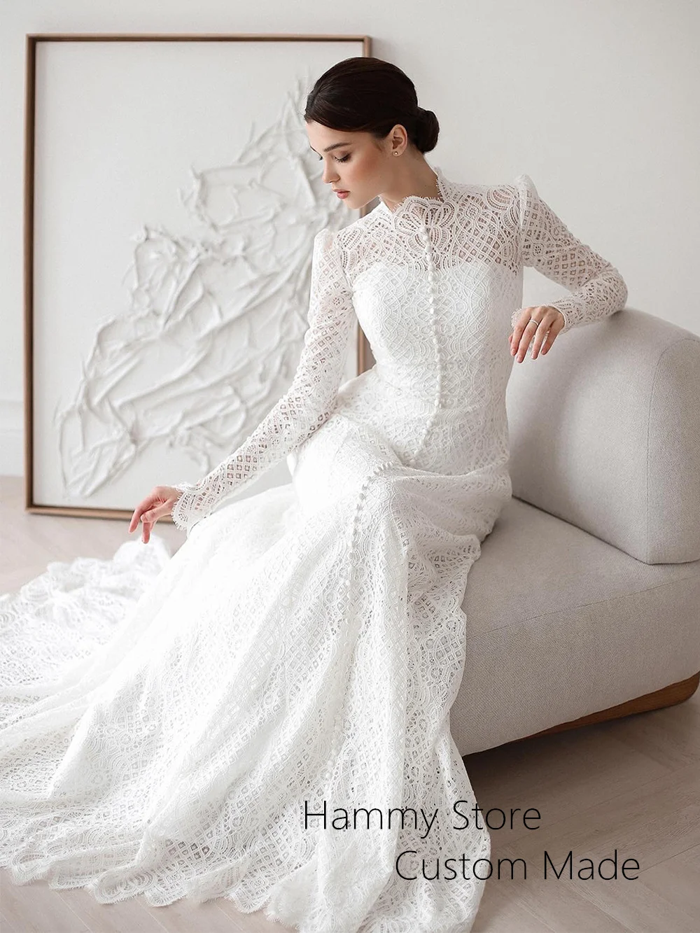 Arabian Wedding Dress Charming Long Sleeves High Neck Sweep Train Customized Saudi Bridal Gown for Woman Bride New Arrival