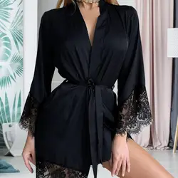 Women Sexy Silk Kimono Satin Dressing Gown Bath Robe Lace Lingerie Nightdress Nighties V-neck Nightdress Nightwear Nightshirt