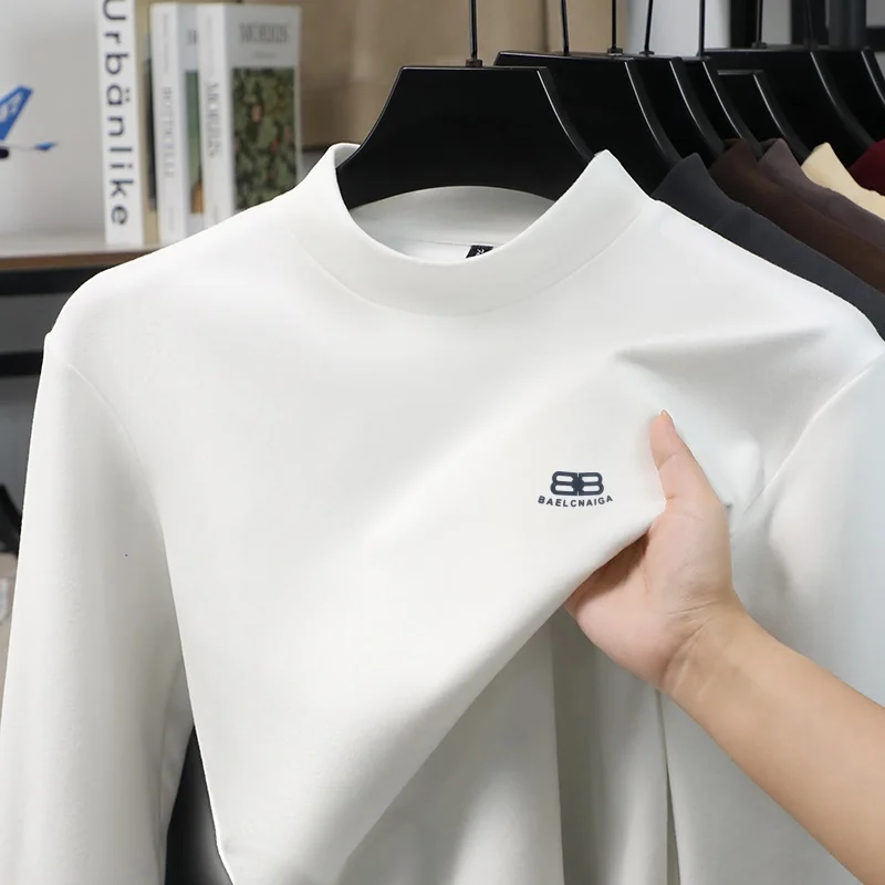Qualität Luxus Mann Langarm T-Shirt Mock Neck Brief Drucken Warme Frühjahr Neue Lange Ärmel Sport Mode Freizeit Herren Kleidung