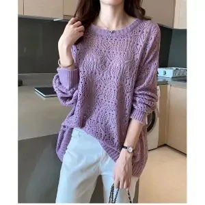 Spring Summer Women Solid Casual Pullover Long Sleeve Loose Top Gentle Sexy Blouse Breathable Hollowe Out Soft Ruffle Sleeve