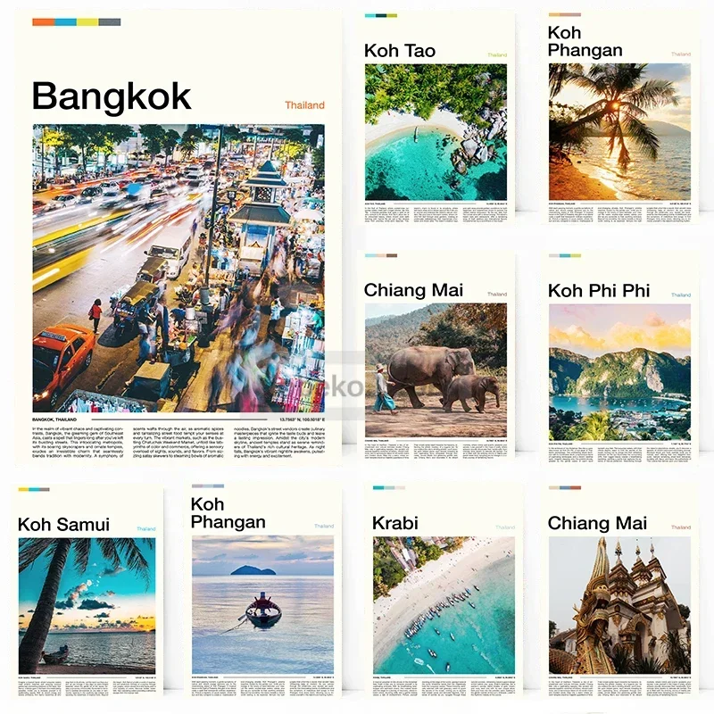 Carteles de viaje de Tailandia, impresiones de arte de pared para decoración moderna del hogar, Bangkok, Mai, Krabi, kohtao, Phangan