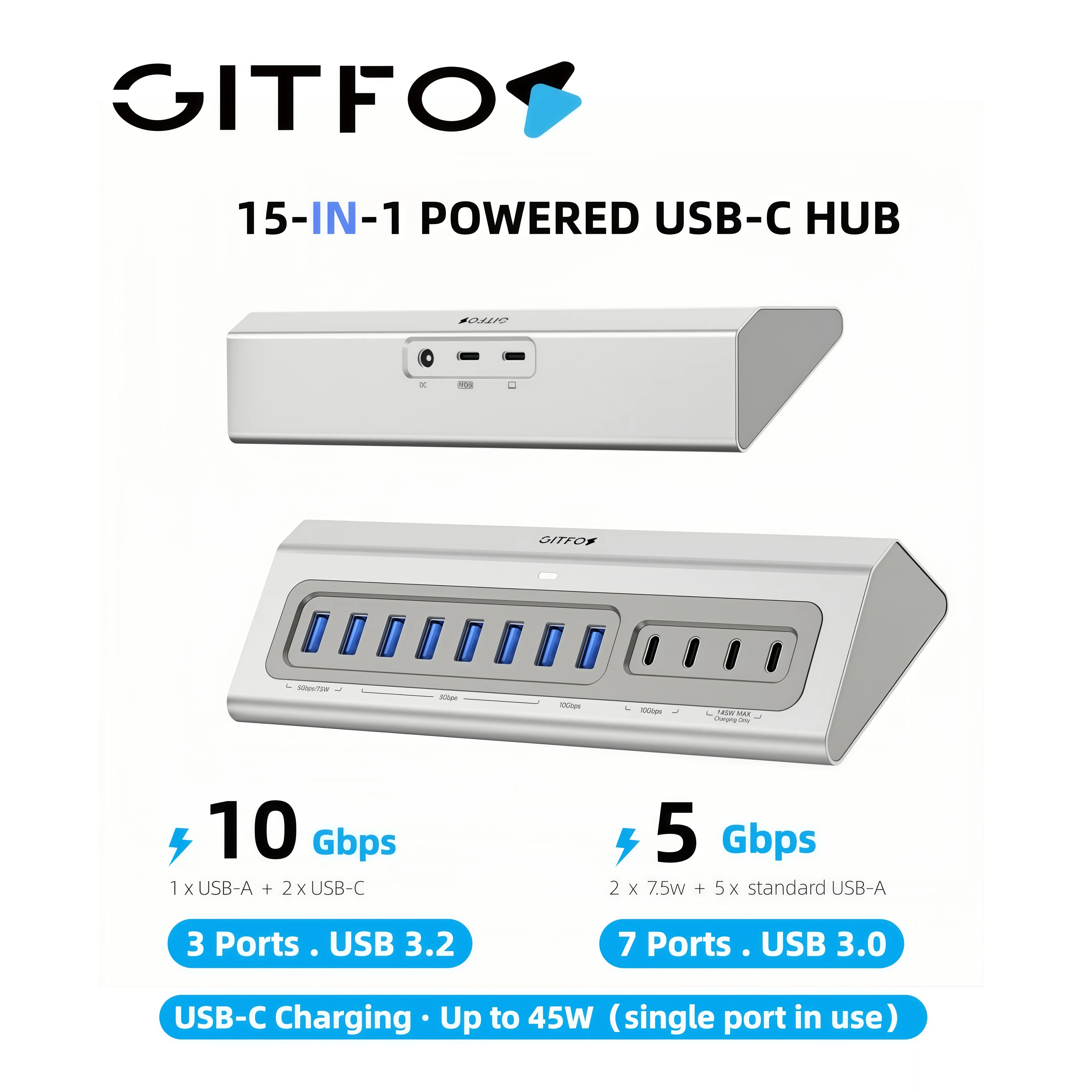GITFOS 15 in 1 Powered USB C Hub 100W PD 10Gbps USB 3.2 Splitter Docking Station with 65W Power Adapter for MacBook Laptop Phone