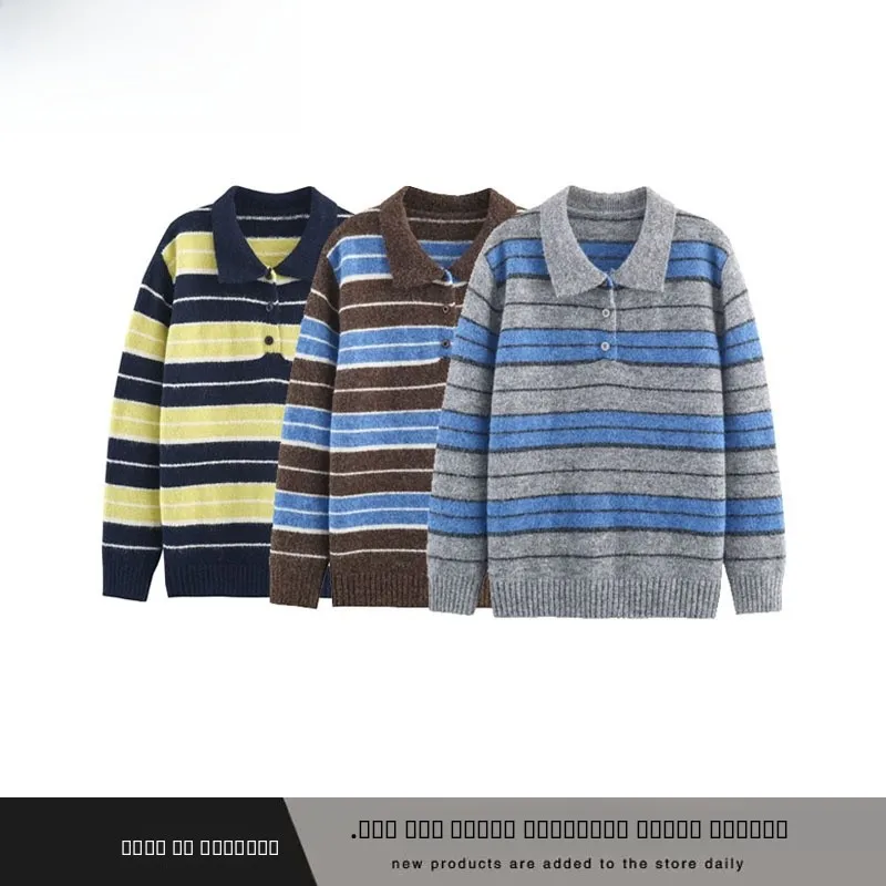 

Autumn Winter New Arrival Women's Soft Cozy Striped Ne Sweater Flip Collar Overhead Polyester Fiber Long Sve Warm