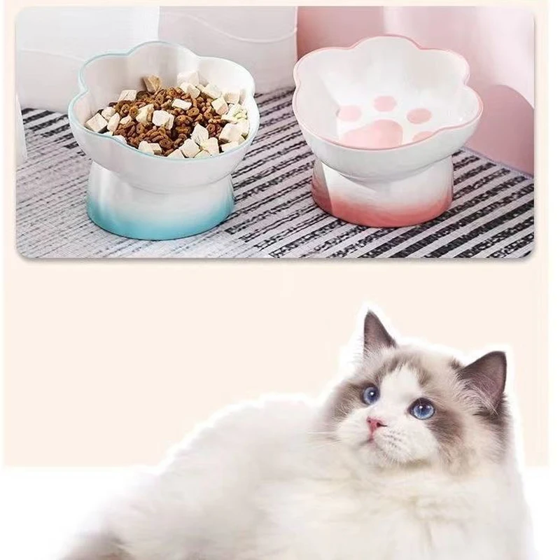 Ceramic Cartoon Shaped High Legged Cat Bowl Cervical Vertebra Protection Drinking Bowl Cats Food Bowl Pet Tableware Supplies 1Pc