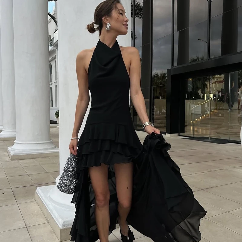 Abito da donna Abiti lunghi da sera a pieghe 2025 Corsetto senza schienale senza maniche Abito asimmetrico in tulle con volant a strati