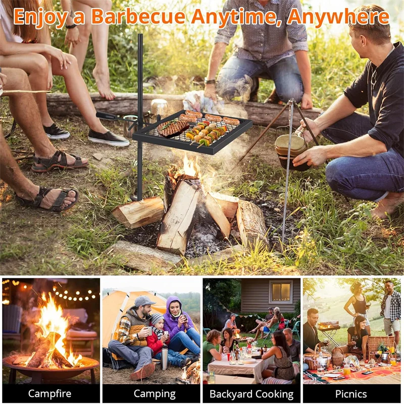 Grelha giratória para fogueira, grelha de aço inoxidável resistente, grelha para fogueira, itens essenciais para acampamento portáteis