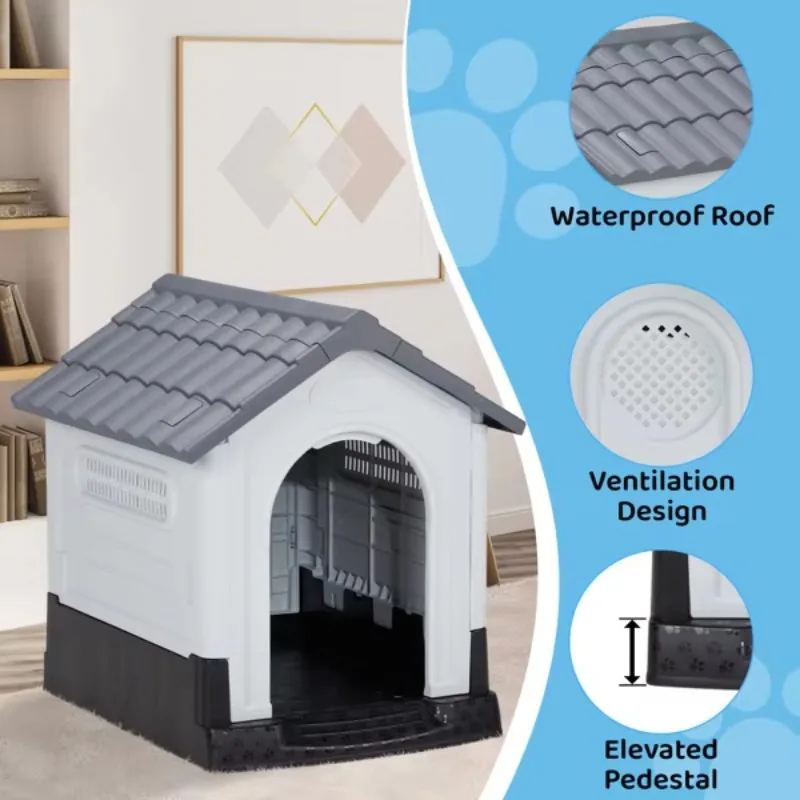 33-Inch Solid Pattern Dog House with Insulated Water Elevated Floor Air Vents for Indoor/Outdoor Use Large Plastic Pet Cage