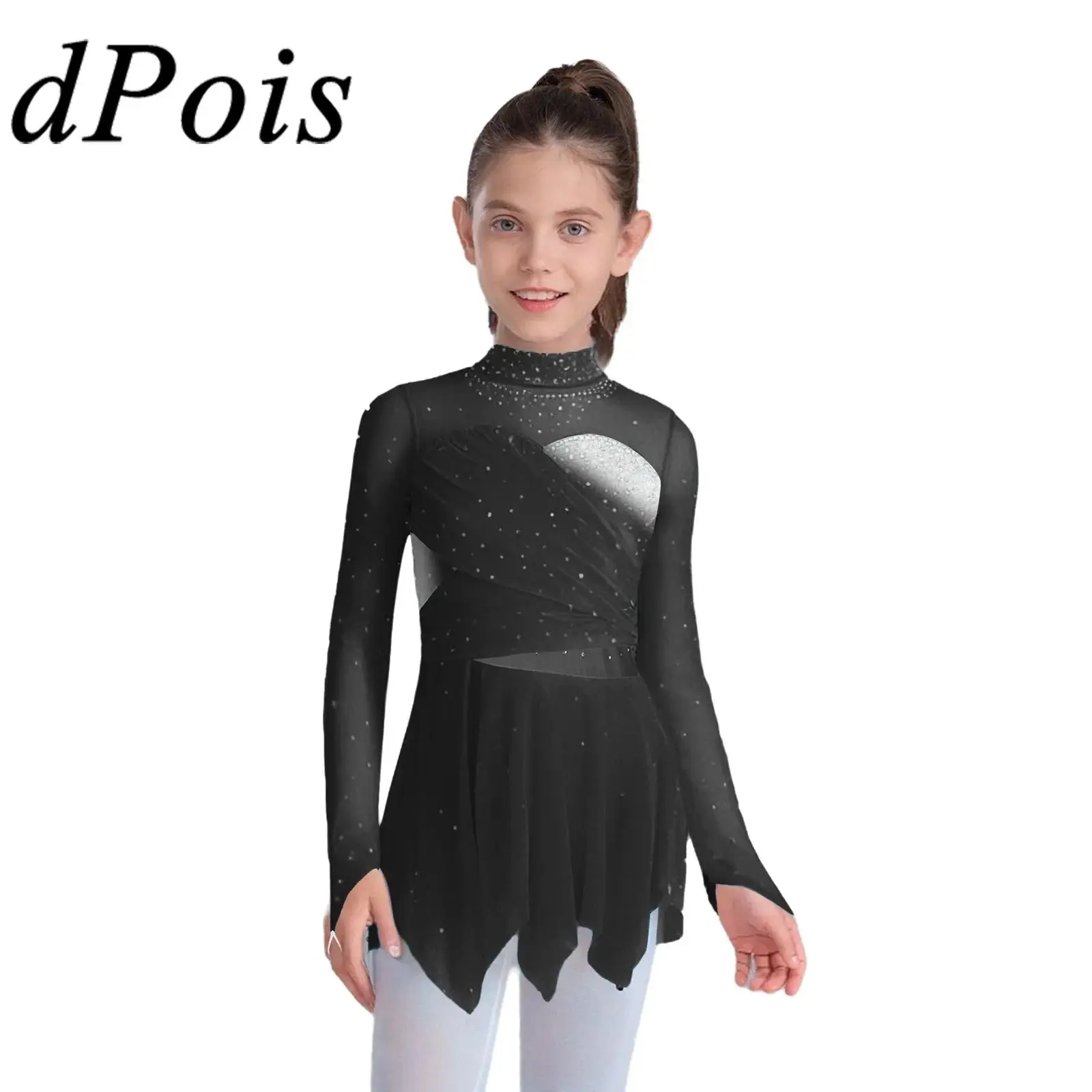 

Детский костюм для лирического танца для девочек, костюм для фигурного катания с длинными рукавами, блестящие стразы, сетчатое балетное платье, танцевальная одежда для фигурного катания