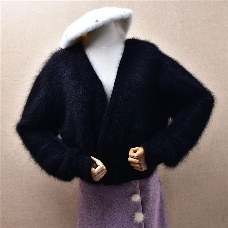 

Женский осенне-зимний модный черный волосатый норковый кашемировый вязаный короткий стильный укороченный топ с v-образным вырезом, свободные кардиганы, свитер, куртка