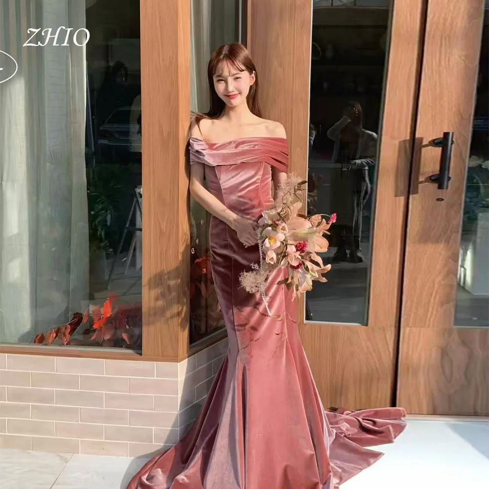 ZHIO Urocza Sukienka Ślubna z Aksamitu w Kolorze Różu, Sukienki Wieczorowe w Stylu Syreny, Sukienka na Sesję Zdjęciową, Suknia na Przyjęcie Weselne, Suknia Ślubna na Zamówienie 웨딩드레스