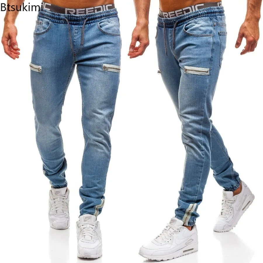 2026 Men's Slim Straight Leg Jeans Fashionable Drawstring Zip Design Casual Sport Denim Pants Men Versatile Trouser Street Style