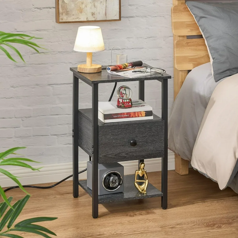 

Nightstand with Charging Station,3-Tier Beside Table 2 USB Ports &2 Power Outlets,Narrow Side Table Wood Drawer Grey Night Stand