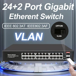 Full Gigabit Network Switch 26 Ports Unmanaged Ethernet Switch 24 RJ45 +2 SFP Uplink Ports 12V2A IEEE 802.3af/at with VLAN