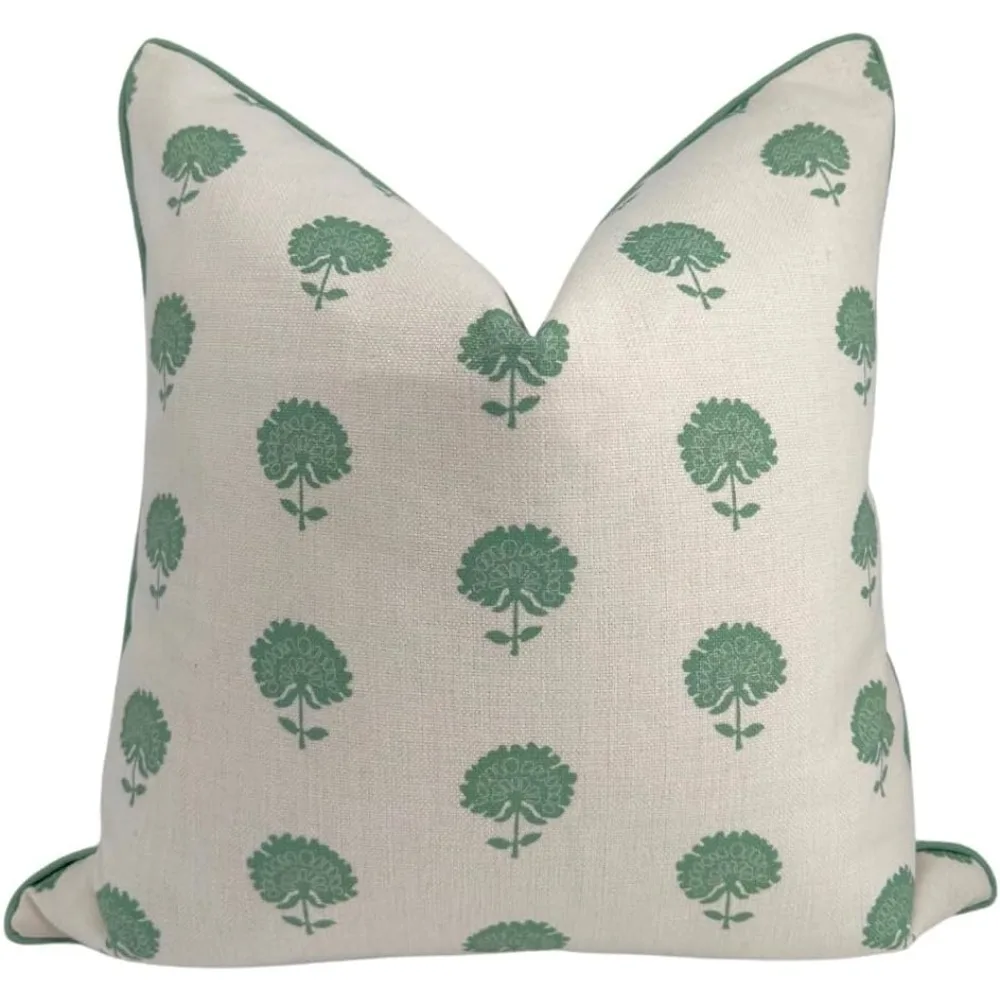 Luxuriöser grüner Block-Print-Kissenbezug – Großmillennial-Stil für die Inneneinrichtung