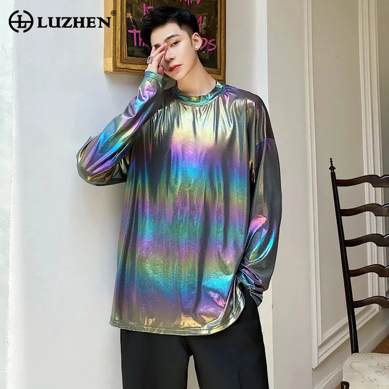 

LUZHEN 2024 Spring Stylish Glossy Colorful Gradient Design Long Sleeve Tops Men's Original New High Street Trendy T Shirt LZ3540