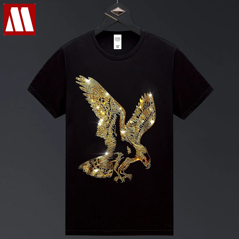 

Необычная футболка в английском стиле, футболка с коротким рукавом, футболки с орлом и принтом, летние мужские модные однотонные футболки со стразами
