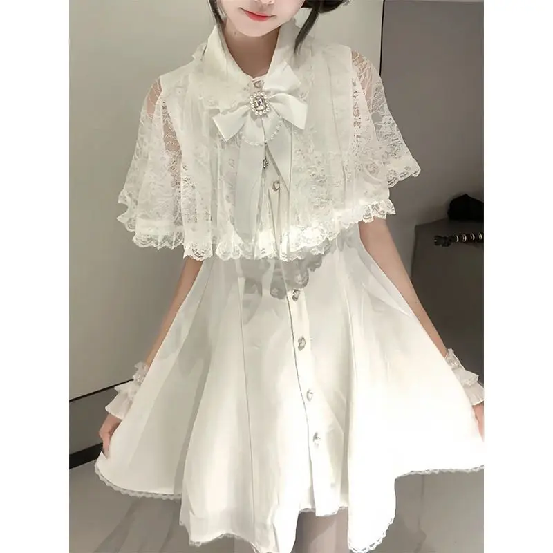 Japanese Gothic Y2k Style Rhinestone Bow Dress Women Kawaii Lace Ruffles Shawl Shirts Dresses Korean Fashion Party Lolita Dress