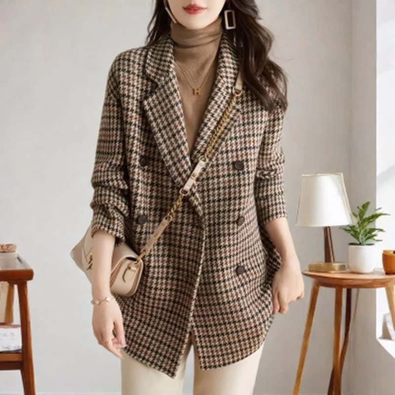 Vintage Houndstooth Wool Blazer Women Winter Thick Warm Double Breasted Lapel Coats Y2K Korean Loose All-Match Blends Outerwear