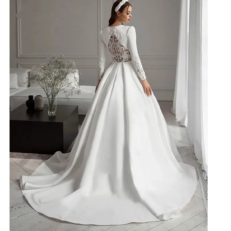 

Elegant Satin Wedding Dresses Islamic Abaya Long Sleeves Lace Appliques Bridal Gowns 2024 Sexy Back Dubai Vestidos De Novia