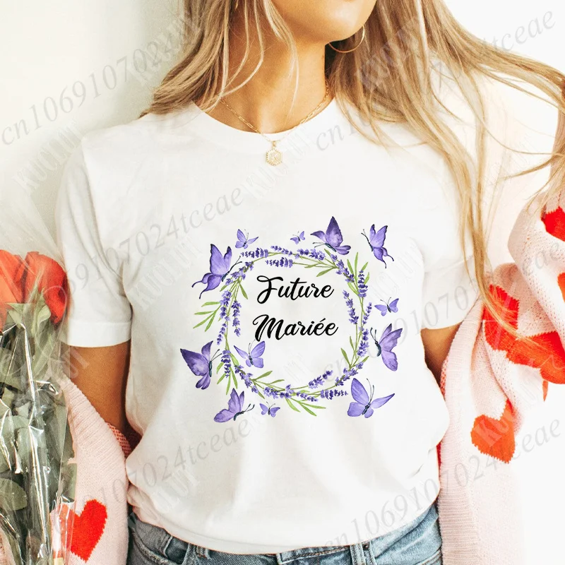 Team Bride T-shirt Flower Crown Graphic Bridal Wedding Tops Girls Bachelorette Hen Party T-shirt French EVJF Future Bride Tshirt