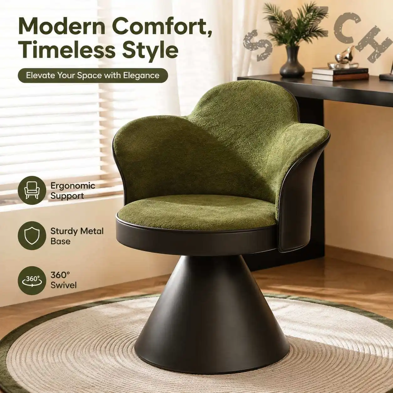 Cream-Colored Swivel Vanity Chair with Floral Design – Rotating Makeup Stool for Bedroom, Home, or Dressing Area