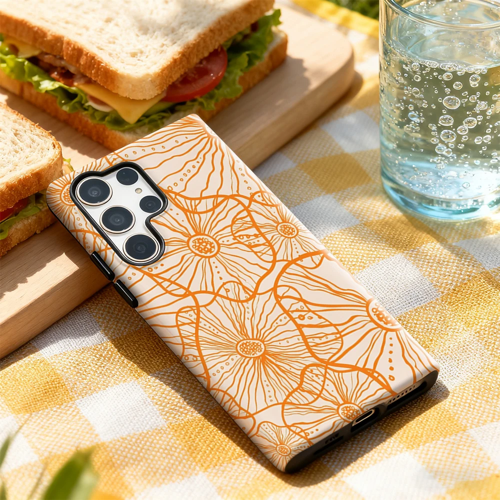 Custodia per telefono floreale arancione per Samsung Galaxy S25 Ultra S24 S23 Ultra Plus Cover posteriore lucida a doppio strato