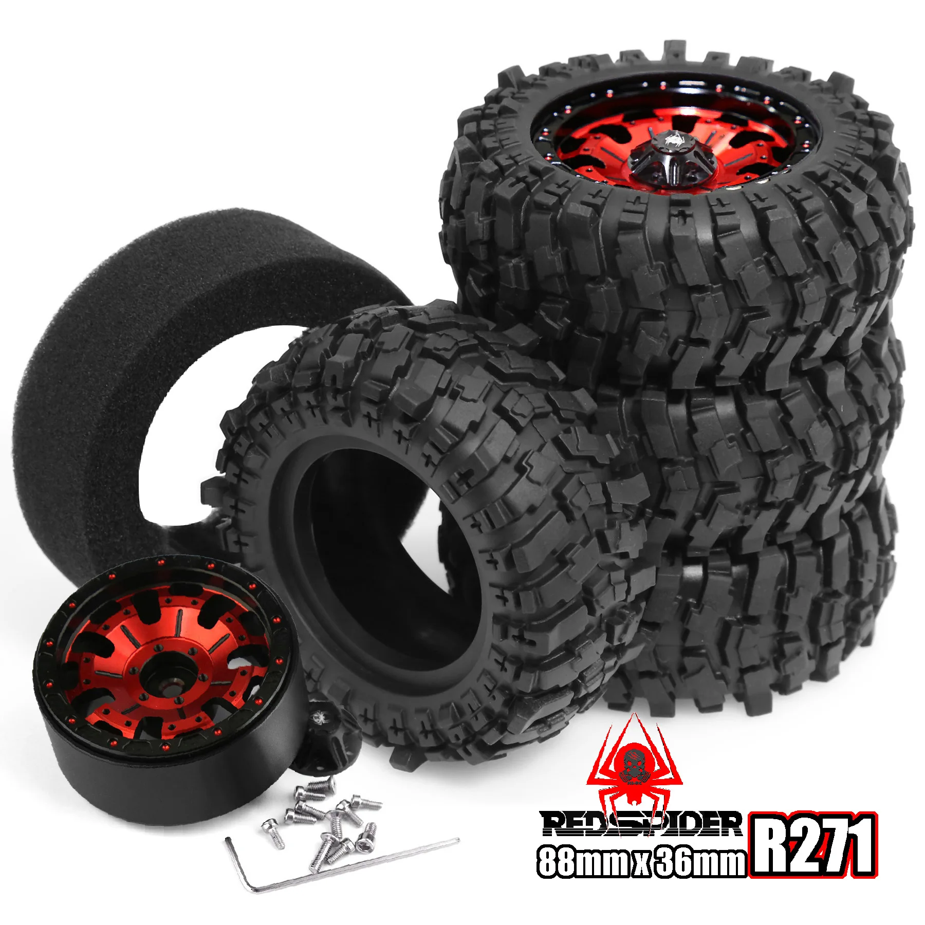 

1.9 Inch Beadlock Wheels & 88mm off-road climb Tires Set for TRX4 SCX10 II TRX6 D90, 12mm Hex RC Crawler Rims Black, Compatible