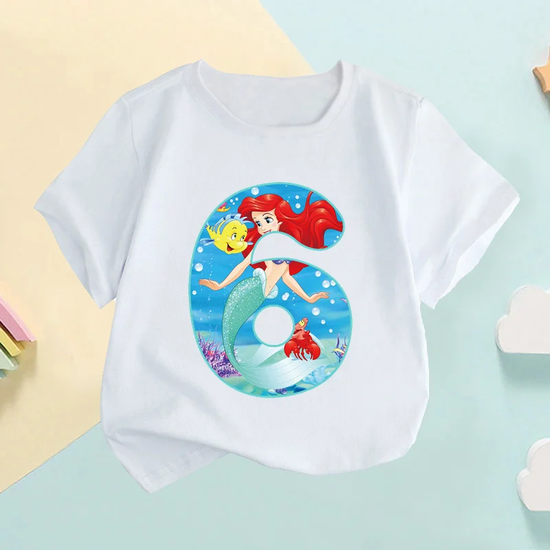 The Little Mermaid Ariel Princess Number Kids T shirt Girls Clothes 1 2 3 4 5 6 7 8 9 Years Birthday Baby Boys T-Shirts,HKP2764