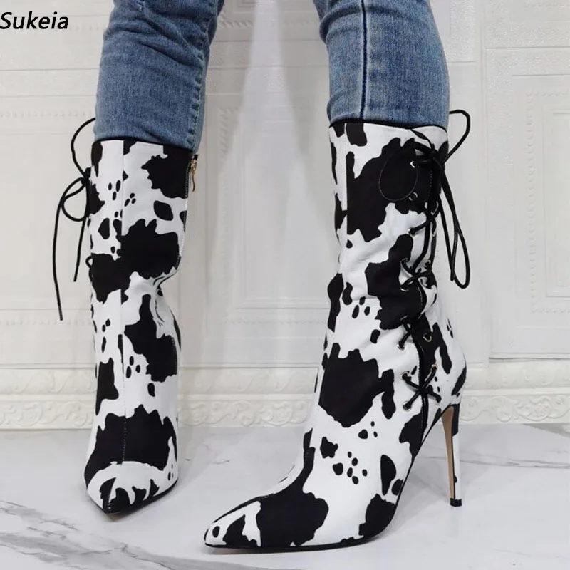 

Sukeia/женские зимние ботильоны с коровьим узором, пикантные туфли на шпильке с острым носком, черные туфли для косплея, женские размеры США 5-15