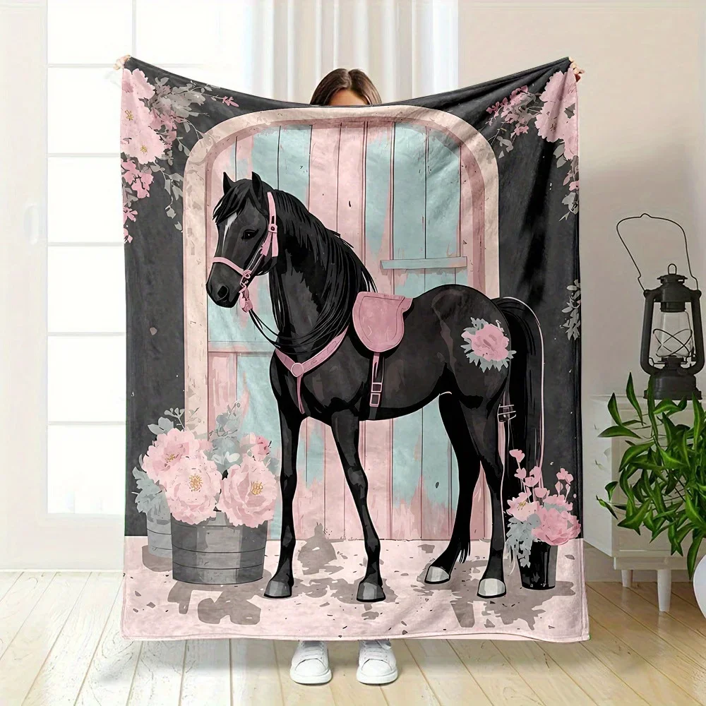 Cartoon horse pattern Flannel printed blanket suitable for all seasons suitable for living room office sofa and travel