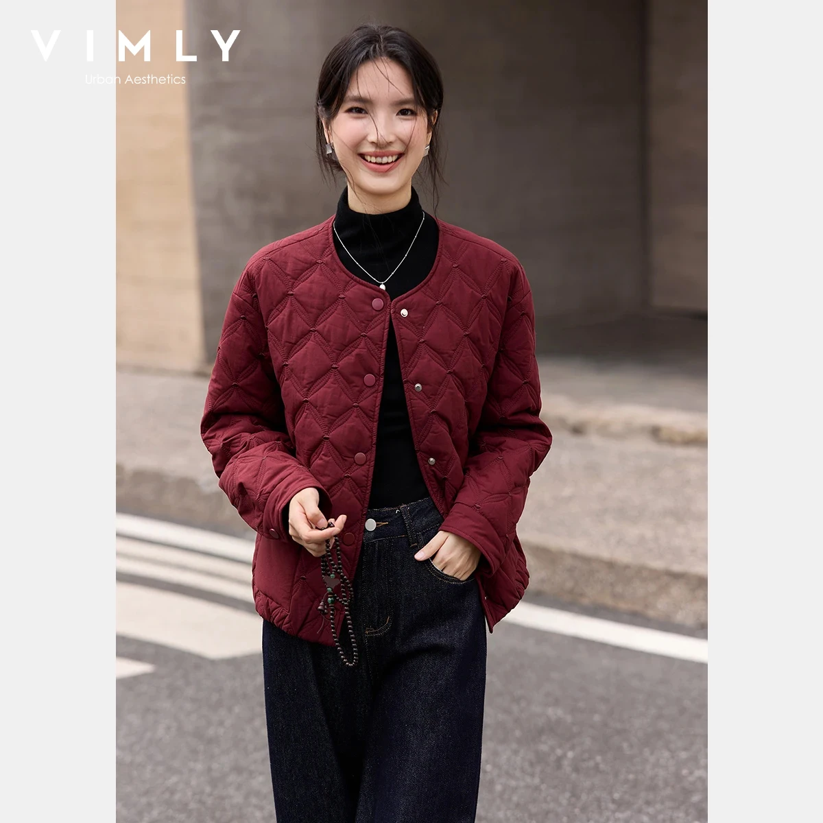 

VIMLY Women Pure Cotton Parkas 2025 Winter Round Neck Long Sleeve Quilted Puffer Ladies Coat Casual Relaxed Fit Outwear A3216