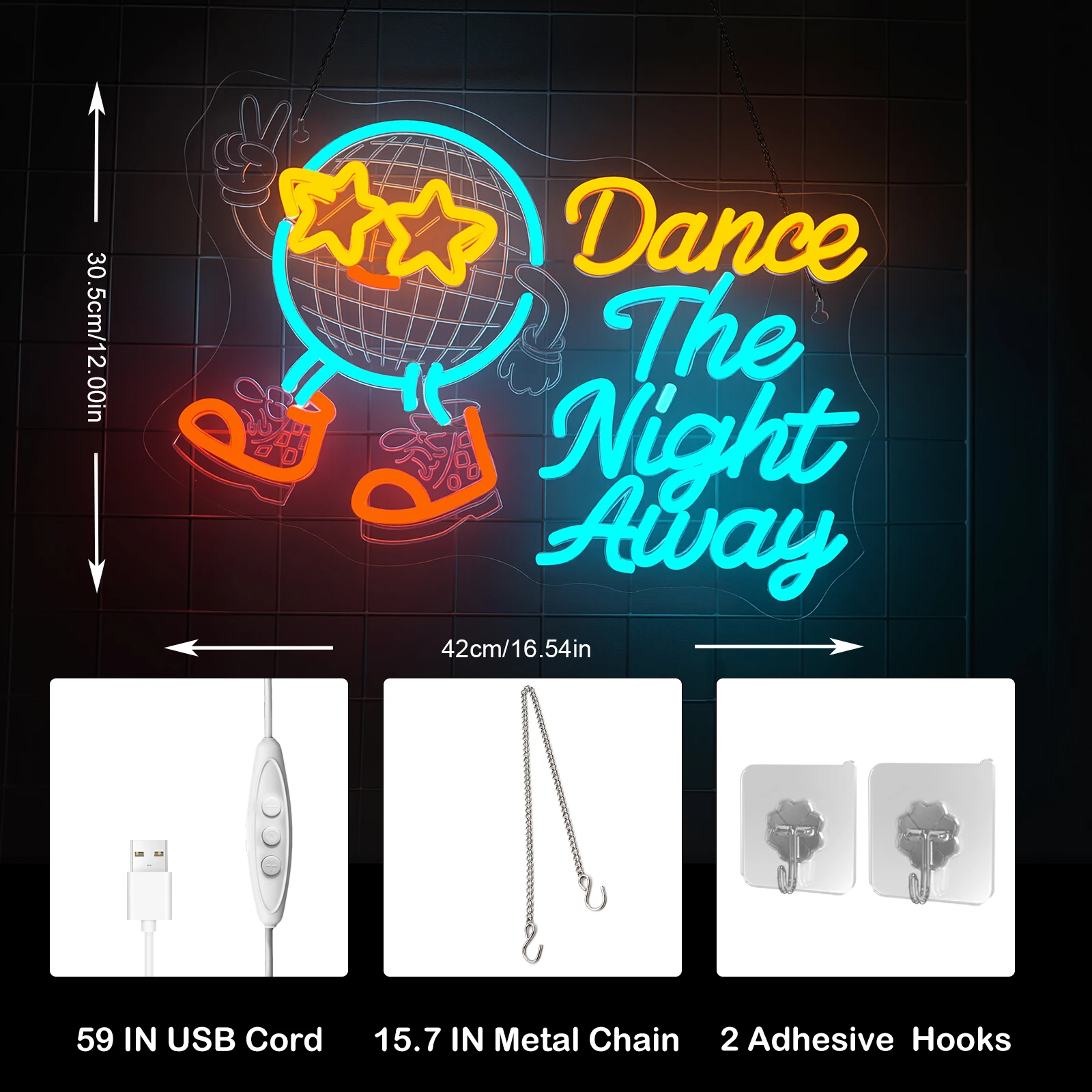 Dance The Night Away Neon Sign Dimmable LED Neon Light for Wall Decor with USB Power Disco Ball Design Party Decor